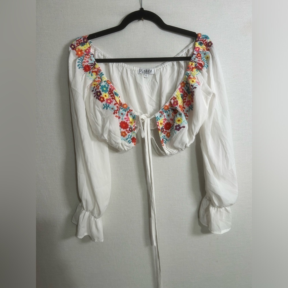 Floral Embroidered Peasant Blouse - White